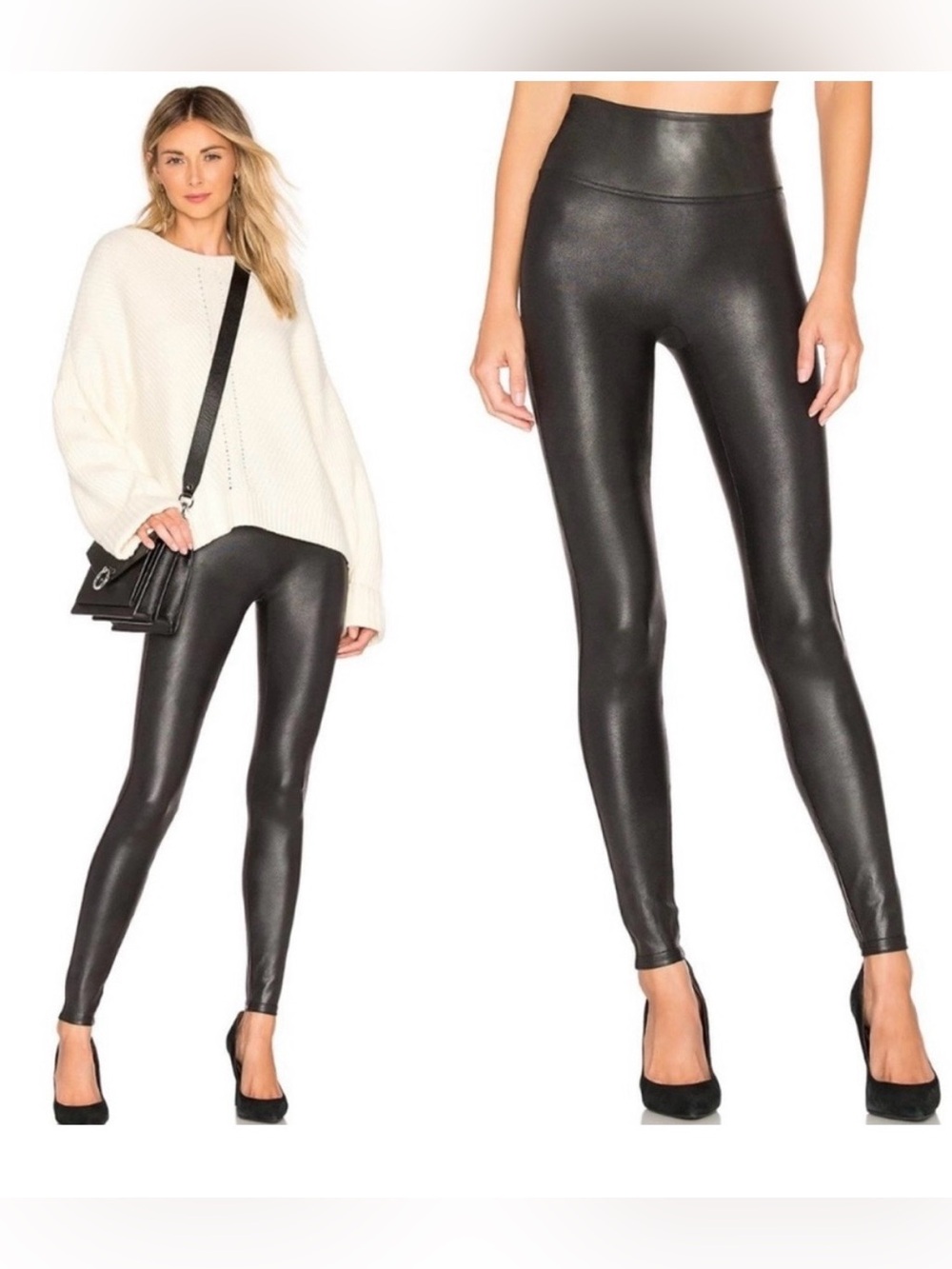 SPANX Faux Leather High-Waist Leggings - Black Athleisure Athletic Size: Large